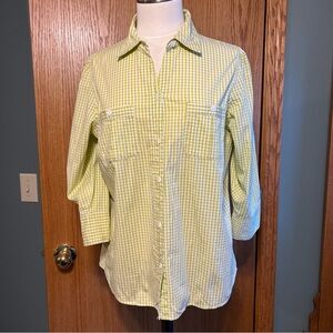 Caribbean Joe Woman Large Button Down Shirt LimeGreen White Plaid Party Vacation